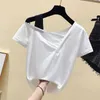 Summer Short Sleeve T-shirts Women Casual Off Shoulder Folds Tees Tops Female Basic Black Purple Solid Tshirts Ladies 210604