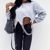 2020 Fashion High Street Clothing Metal Chain Irregular Cropped Tops Solid Round Collar Long Sleeve Loose Crop Top Female Fall X0628