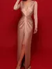 Sexy Engagement Prom Dress V Neck Long Sleeve Ruched Slit Satin Formal Party Gown Vestidos Fiesta Robe De Soiree 202225T