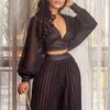 Women's Two Piece Pants 2021 Summer Women Casual Plus Size Sets See Through Lantern Sleeve Mesh Crop Top & Pleated Wide Leg