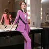 High-quality Yellow Fashion Temperament Professional Wear Ladies Color Matching Small Suit Wide-leg Pants Autumn and Winter Host 210527