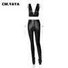 CMYAYA Spring Summer Faux Leather PU Women Sets Bra Crop Top en broekpakken Tracksuits Tweedelige sets Outfits Sports Suit 210302