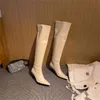 Meotina Pleated Real Leather High Heel Long Boot Shoes Pekade Toe Stiletto Heels Knee-High Autumn Winter Beige 43 210911