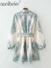 Vintage Totem imprimé lanterne manches col en V femmes décontracté Mini robe été femme a-ligne taille haute avec ceintures 210604