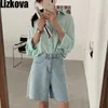 Lizkova coréen taille haute jambe large Denim Shorts femmes été bleu Vinatge Jeans Feminino gland pantalons Cortos 210724