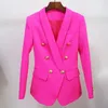 Högkvalitativ designer Classic Blazer Jacket Kvinnors Slim Dubbelbröst Metall Lion Knappar Sjal Krage Rosa 211019