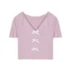 T-shirt women's fashion design minority short style auricular edge bow Pink Short Sleeve Top summer 210529