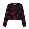 Fashion 2020 Women Summer T-Shirt Dragon Print Round Neck Long Sleeve Mesh Crop Tops Black X0527