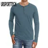 URSPORTTECH Marke Einfarbig T-shirts Männer Frühling Herbst Langarm Mode-Taste Design Dünne Beiläufige Herren T Shirts Atmungsaktiv G1229