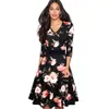 Nice-forever Vintage Black Flower Elegant Lace Ruffle vestidos See Through Sleeve A-Line Pinup Business Women Flare Dress 210303