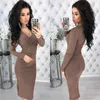 Women DrElegant Deep V-neck Bodycon Vintage Office DrAutumn Winter Long Sleeve Sexy Midi Party Dresses Plus Size XL X0529