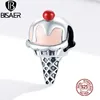 BISAER Pink ice cream Beads 925 Sterling Silver Red Cherries Charms Summer Pendant Fit Bracelet Necklace Jewelry ECC1533 Q0531
