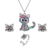 Ensemble de colliers, boucles d'oreilles et bagues en forme de chat de dessin animé, couleur tache, chaton, ensembles de bijoux animaux pour enfants