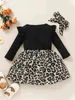 Baby Leopard Print Ruffle Trim Fake Button Jurk Hoofdband Zij