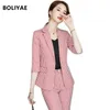 Boliyae Suit Donna Blazer Set Primavera Estate Moda Plaid Abbigliamento da ufficio Mezza manica Top e pantaloni per abiti da lavoro femminili S-5XL 211105