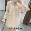 Kpytomoa kadın moda pilili fırfırlı trimler tül elbise astarlı dişi elbiseler ile uzun kollu uzun kollu vestidos mujer 210303