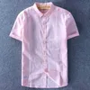 Schinteon män bomull linne skjorta kort ärm tunn topp smal casual skjortor hög kvalitet vit grön rosa blå 210628