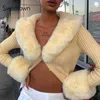 Sweetown Ribbed Knitted Ladies Cardigans Sweaters With Fur Trim Collar Long Sleeve Slim Autumn Winter Jumper Knitwear 210922