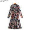 Zevity Women Vintage V Neck Flower Print Sashes Kimono Dress Sukienka Kobieta Z Długim Rękawem Side Zipper Vestido Chic Dresses DS4809 210603