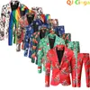 Homens Ternos Blazers QJ Cinga Vermelho Impresso Two-Peça Terno de Natal (jaqueta + Calças) Elegante Homens Blazer Casaco com calças preta verde azul