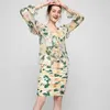 Spring Summer Women Runway 2 Piece Set Elegant Flare Sleeve Ruffles Floral Print Chiffon Shirt and Draped Skirt Suit Outfit 210601