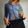 T-shirt Femme 2022 Printemps et été Imprimer Femmes Tops Sexy Mode Casual Manches Longues Transparent Col V Simple Boutonnage Slim Top