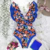 Sexy Ruffle Print Floral Strappy Slimming Swimwear Costume da bagno donna Deep-V Costume da bagno Beach Wear Monkini 210712