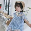 summer sweet girls short dress plaids grids blue mesh see trough vestidos kids children dresses straight 1 to 6 yrs Q0716