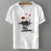Men Summer New Fashion Cotton Linen Stitching Classical Casual T-shirts Red Rose Embroidery Short Sleeve O-neck White Tees Tops H1218