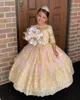 Blush/Gold Flower Girls Dresses 2021 1/2 Long Sleeves & Big Bow Backless Unique Luxury Girls Birthday Dress Full Length Custom Made