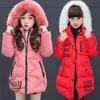 3-12t Flickor 'Coat Big Fur Collar Hooded Jacket Vinter Tjock Varm Bomull Mid-Long Down Girls Quilted 211027