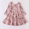 Girlymax Baby Girls Dzieci Odzież mleko Jedwab Kwiatowy Krowa Drukuj Twill Dress Długość Długie Rękaw 211231