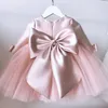 Bambina di pizzo rosa Abiti Abiti BAPTISM Dress Beaks Bow 1st Birthday Party Wedding Christing Gown Neonato Neonato Pageant Abbigliamento 210315