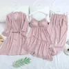 Mechcitiz Pajamas SATIN女性4個睡眠セットスリープ春レースパジャマセクシーVネックキモノバスローブガウンナイトウェア210809