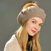 Autumn Winter Berets Hat Women Casual Knitted Wool Beret with Real Raccoon Fur Pom Pom Ladies Angola Cashmere Beret Hat Female