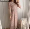 Nomikuma Elegant Square Collar Short Sleeve Dress Lace Patchwork Floral Print Slim Waist A Line Dresses Korean Style Vestidos 210309