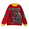 Harajuku Fashion Knitted Women Sweater Red Cartoon Monster Embroidery Casual Coat Loose Retro Outwear Pullover 211007