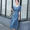 Letnia moda damska kwadratowa szyja elegancka długa sukienka denim niebieskie vestidos casual sukienki plus rozmiar 210531