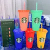 Wielokrotnego użytku Starbucks Kolor Zmiana Color Cups Plastikowy Kubek ze słomy Wody Butelki Herbaty Kubki Słomy Sleeve Ochronne