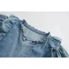 Withered High Street Cascading Ruffles Puff Sleeve Denim Blue Women BlusaS Mujer de Moda Shirt Womens Tops and Bluses T200502