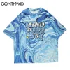 Gonthwid Tişörtleri Streetwear Harajuku Gökyüzü Baskı Şerit Kravat Boya Pamuk Tee Gömlek Hip Hop Rahat Kısa Kollu T-shirt Moda Tops C0315