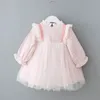 Jesień Dziewczyna Sukienka Różowa Plaid Koronkowy Kołnierz Z Długim Rękawem Princess Kids Odzież 0-5t E93026 210610