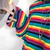 Rainbow Stripe T Shirt Sudaderas con capucha Harajuku Camiseta femenina Manga larga Camisetas de gran tamaño Jerseys Tops para mujeres Sudadera femenina 211103