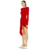 여성 섹시한 V 넥 디자이너 긴 소매 면화 붉은 불규칙한 우아한 드레스 숙녀 유명인 파티 Vestido 210525