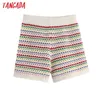 Tangada kvinnor mode regnbåge randig jacquard shorts kvinnlig chic hög midja stickad slim pantalone cortos be244 210609