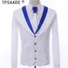 Vit Royal Blue Rim Stage Kläder för män Passar Set Mens Bröllopsdrag Kostym Brudgum Tuxedo Formell (Jacka + Byxor + Vest + Tie) x0909