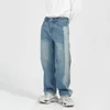 IEFB Mäns Slitage Färg Block Patchwork Blå Jeans Vår Koreanska Streetwear Design Tvättade Denim Straight Loose Byxor 210716