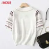 Tangada Korea Chic Kobiety Wzór Paski Wzór Hollow Cienki Sweter Z Krótkim Rękawem Damski Styl School Knitted Jumper Topy Yu69 210609