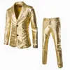 Brilhante revestido de terno metálico blazer 2021 Marca de luxo 2 peças terno (jaqueta + calças) boate ternos de dia das bruxas personalizado homme prata x0909