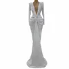 Funkelnde Pailletten -Prom -Kleider 2022 Langarm sexy High Slit V Hals Meerjungfrau Roségold Dubai Frauen Zuhair Murad formelle Abendkleider 231s